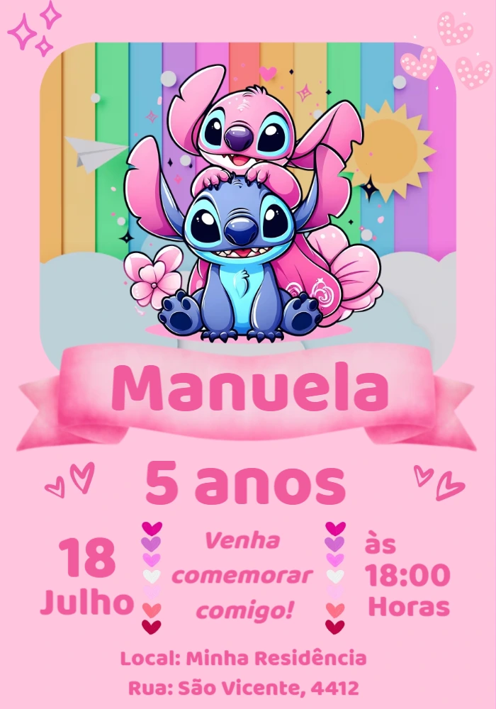 Convite de Aniversário Stitch e Angel para Editar Online