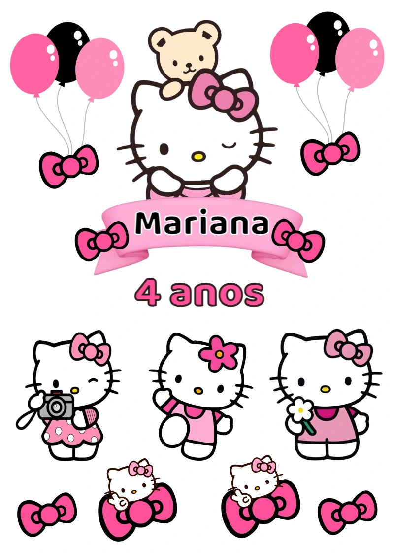 Topper de Bolo Aniversário Hello Kitty para Editar Online