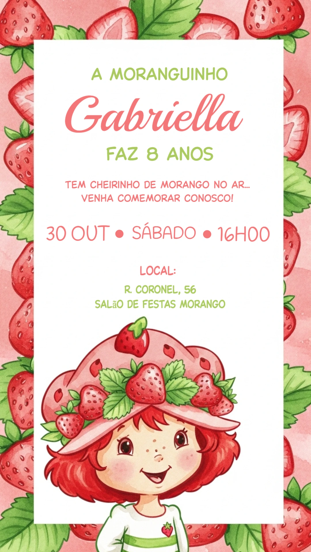 Convite de Aniversário Moranguinho para Editar Online