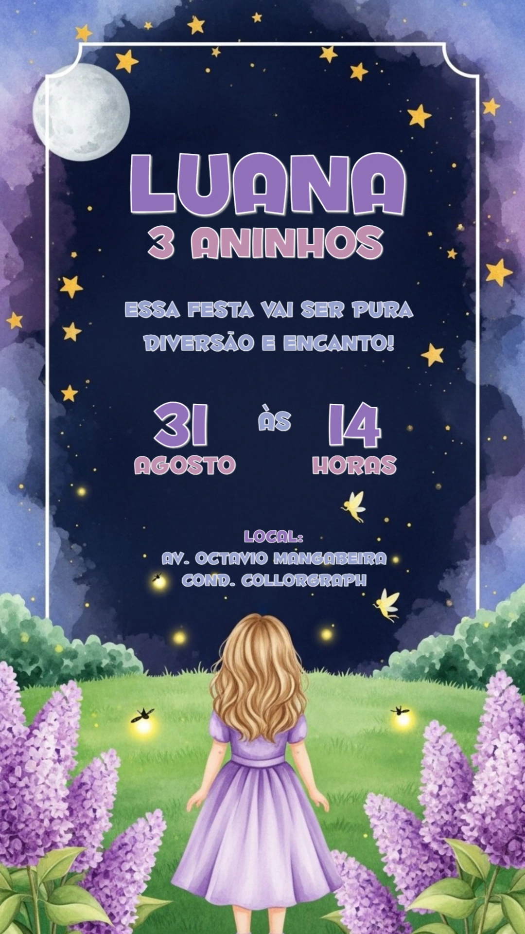 Convite Aniversário Jardim Encantado Roxo para Editar Online