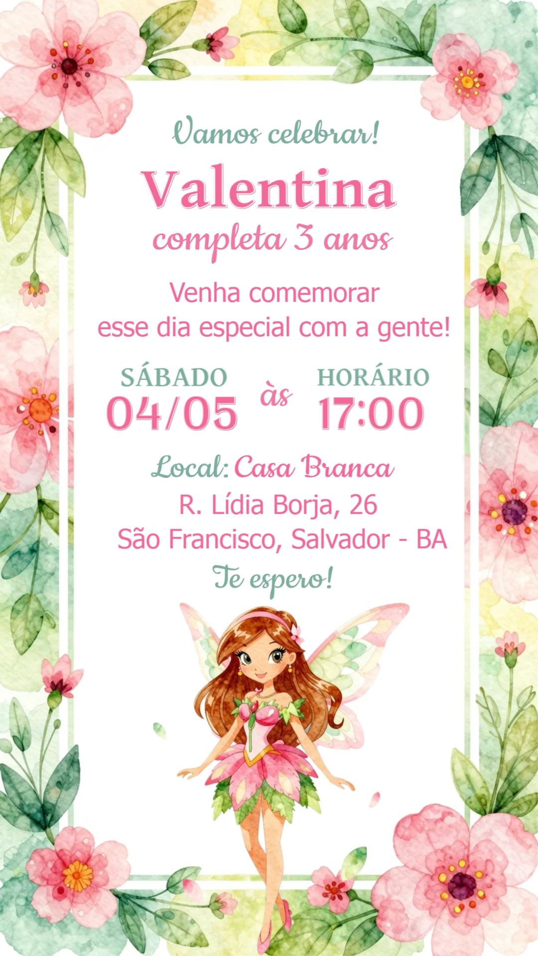 Convite Aniversário Infantil Fada Aquarela Editável