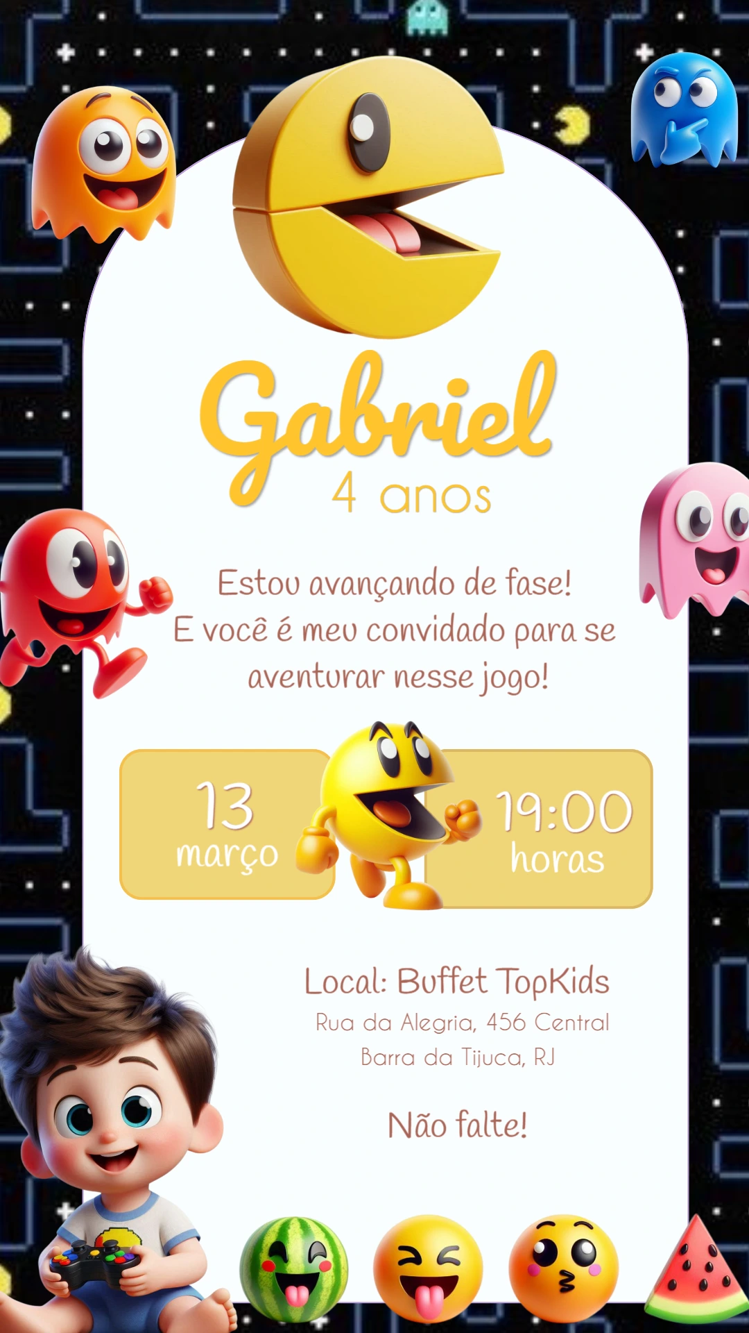 Convite de Aniversário Pac Man para Editar Online