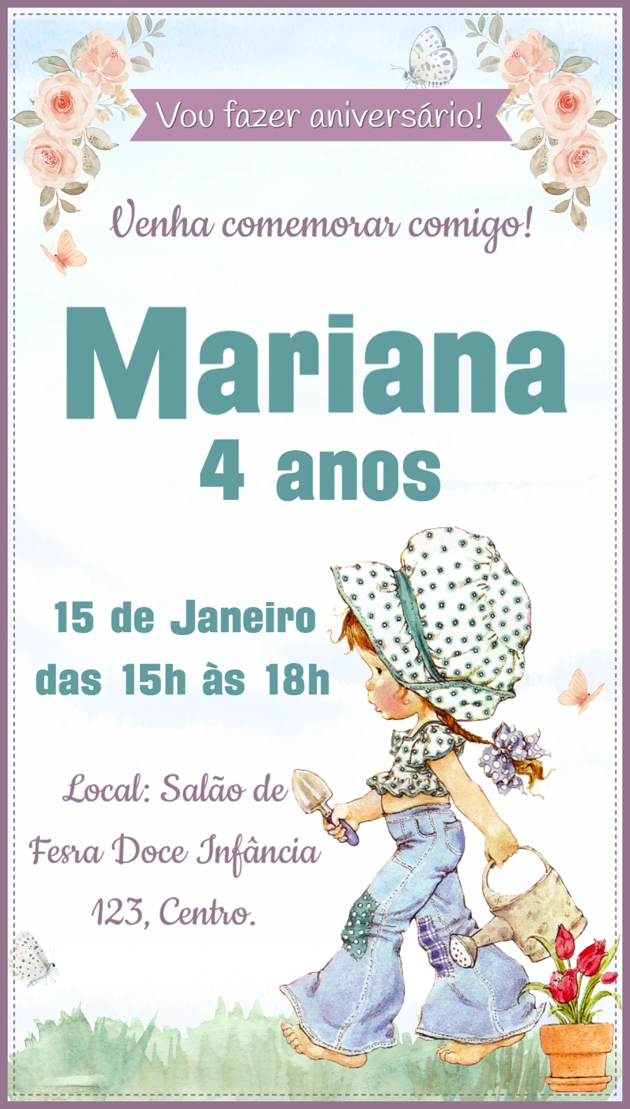 Convite Aniversário Menina Sarah Kay para Editar Online