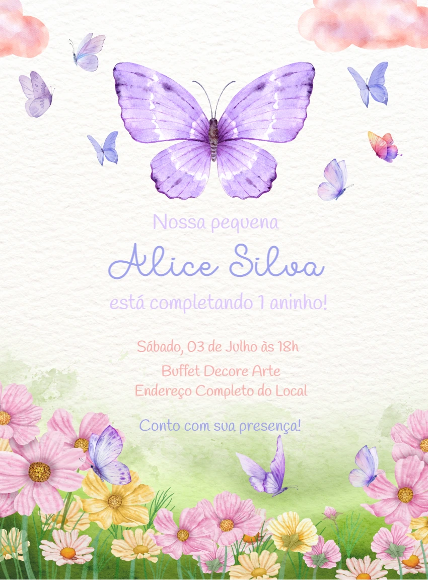 Convite Aniversário Jardim das Borboletas para Editar Online