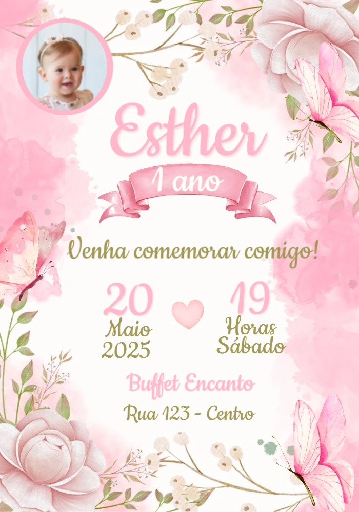 Convite Aniversário Jardim Borboletas com Foto para Editar