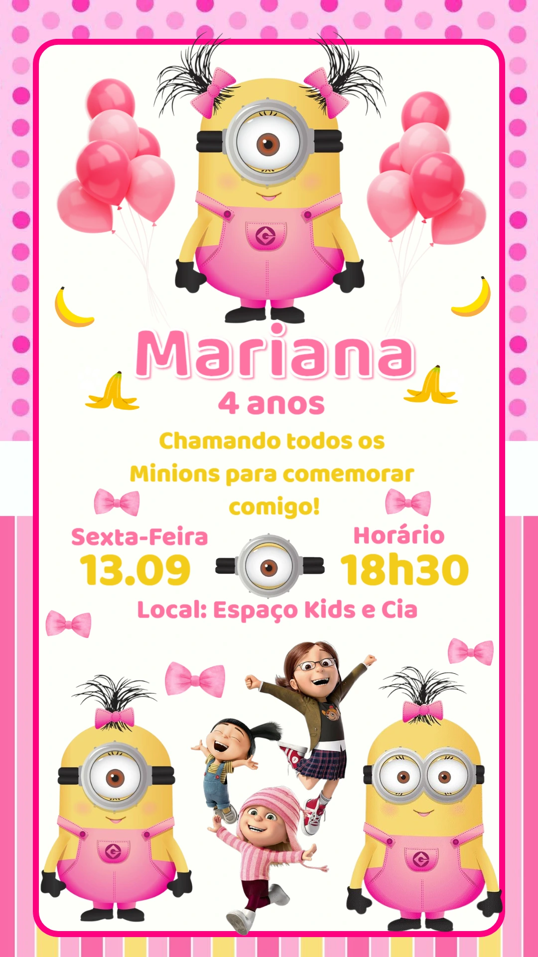 Convite Aniversário Minions Menina para Editar Online
