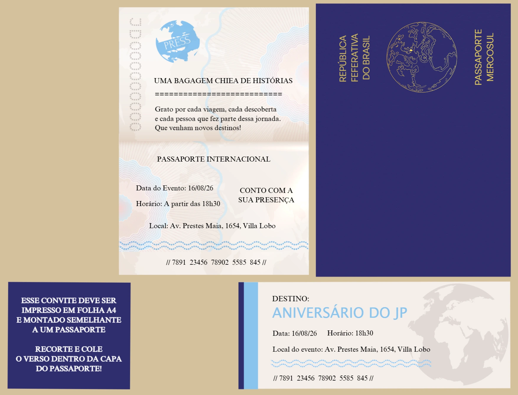 Convite de Aniversário Passaporte Editável para Imprimir