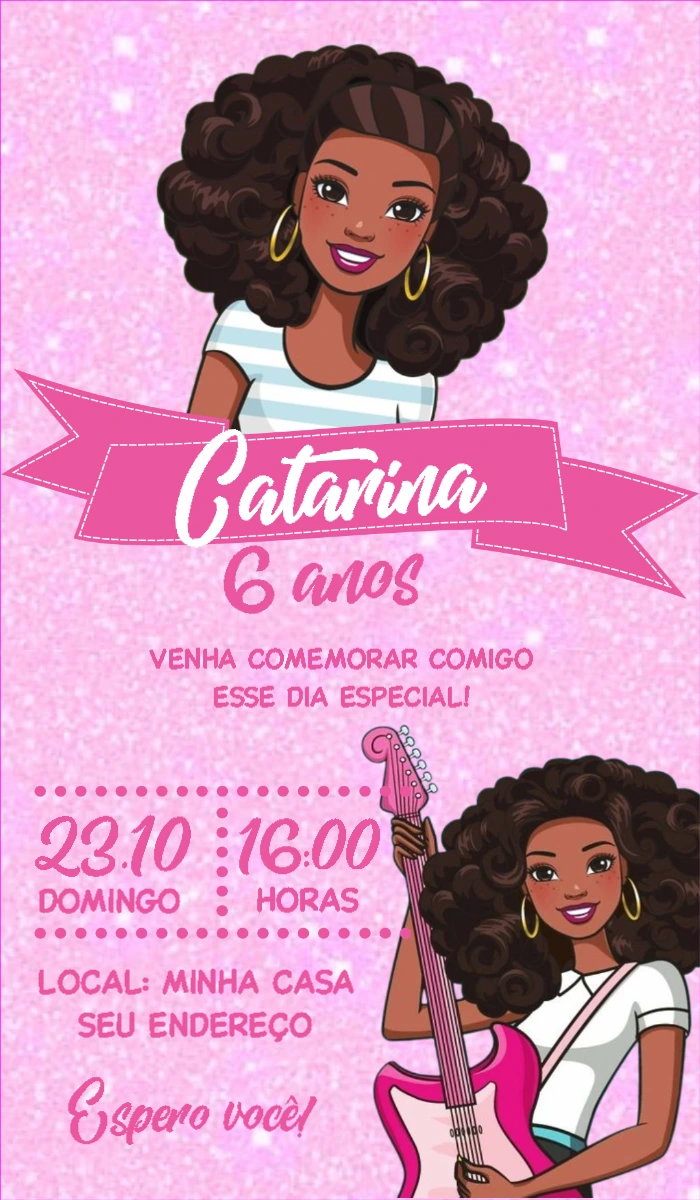 Convite Aniversário Barbie Negra para Editar Online