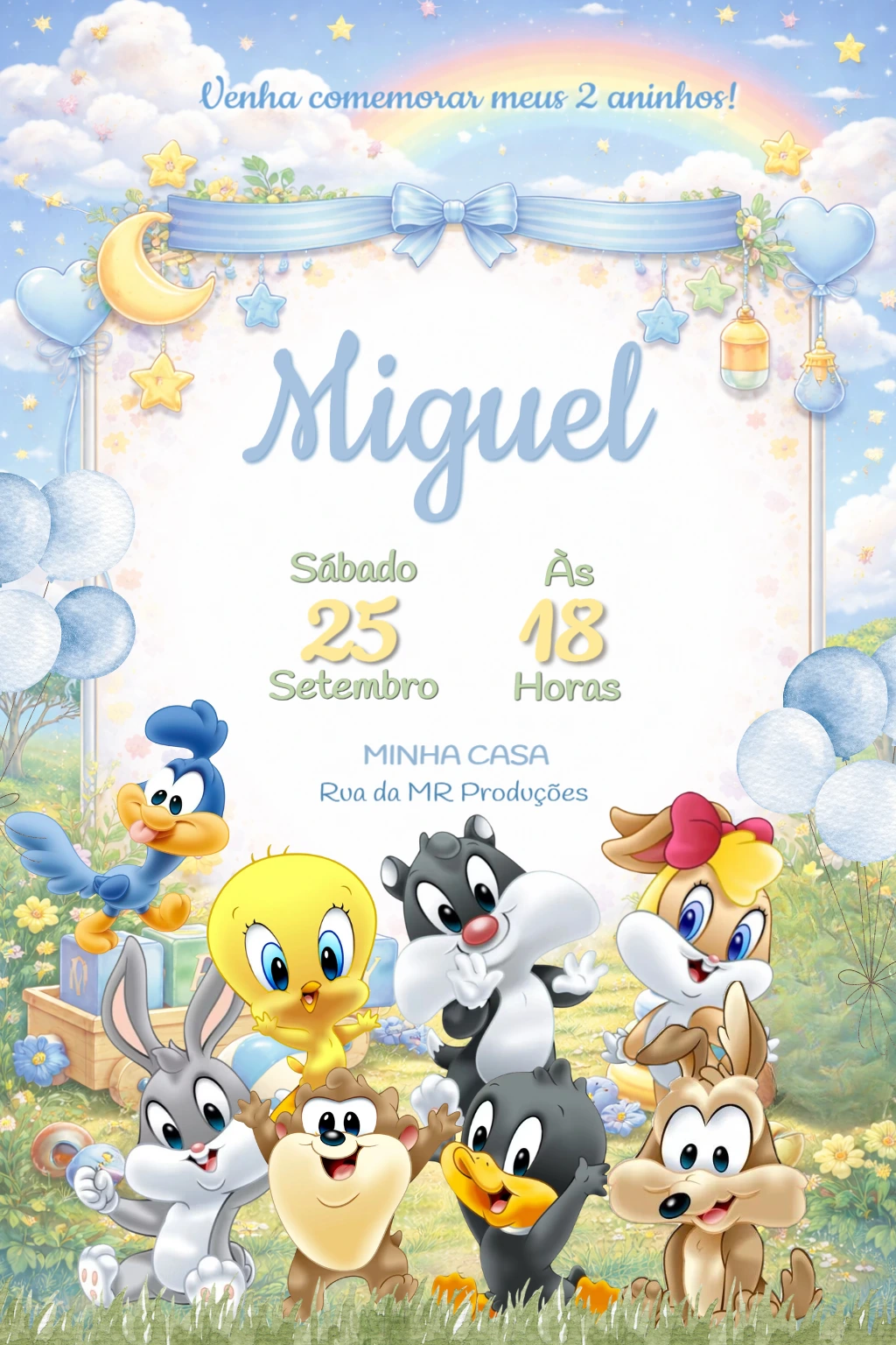 Convite de Aniversário Baby Looney Tunes Azul para Editar