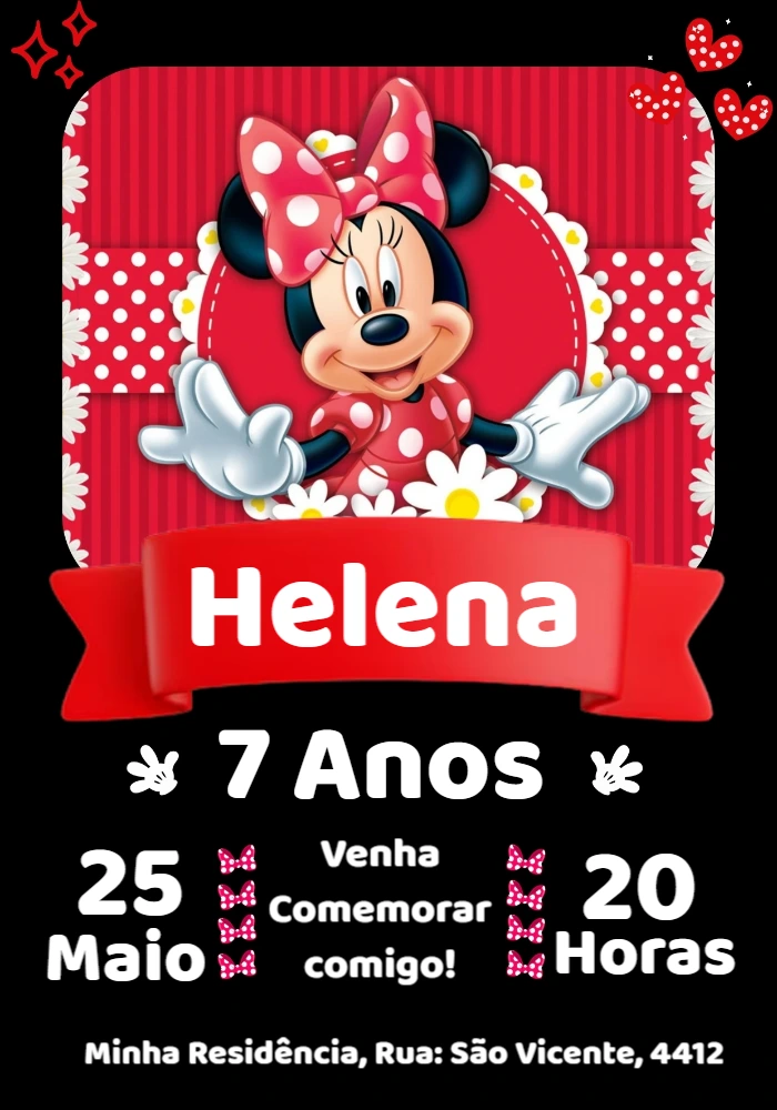 Convite de Aniversário Minnie Vermelha para Editar Online