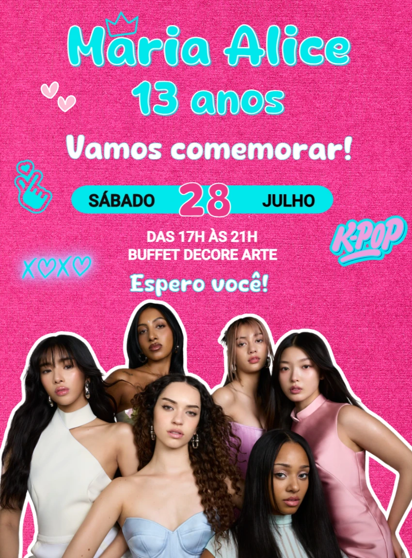 Convite de Aniversário K-pop Estilo Girl Group para Editar