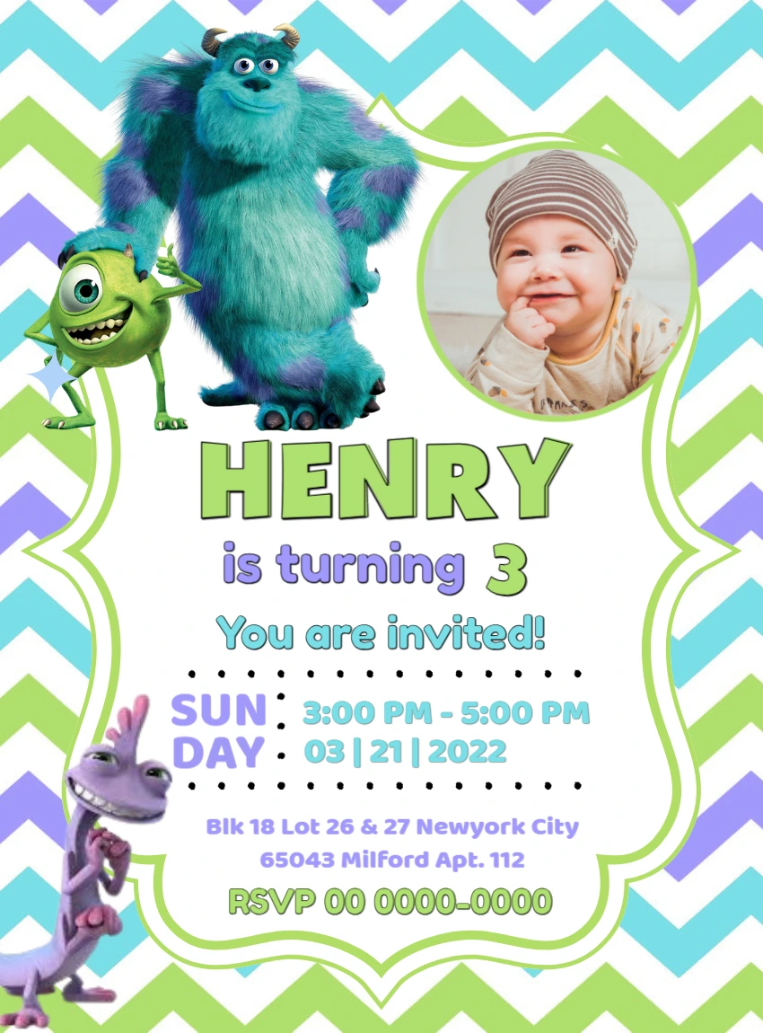 Monsters Inc Birthday Invitation | Editable Digital Template with photo