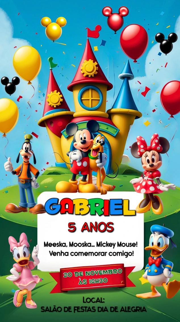 Convite de Aniversário Mickey e Turma Colorido para Editar