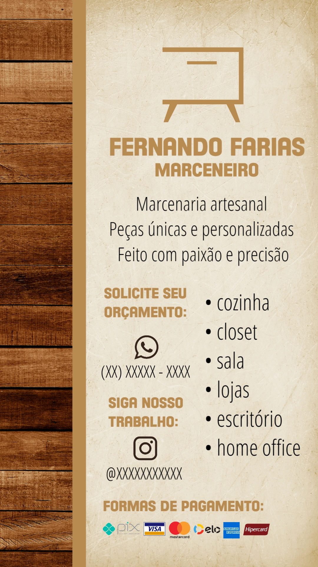 Cartão de Visita Marcenaria Rústica Editável Online
