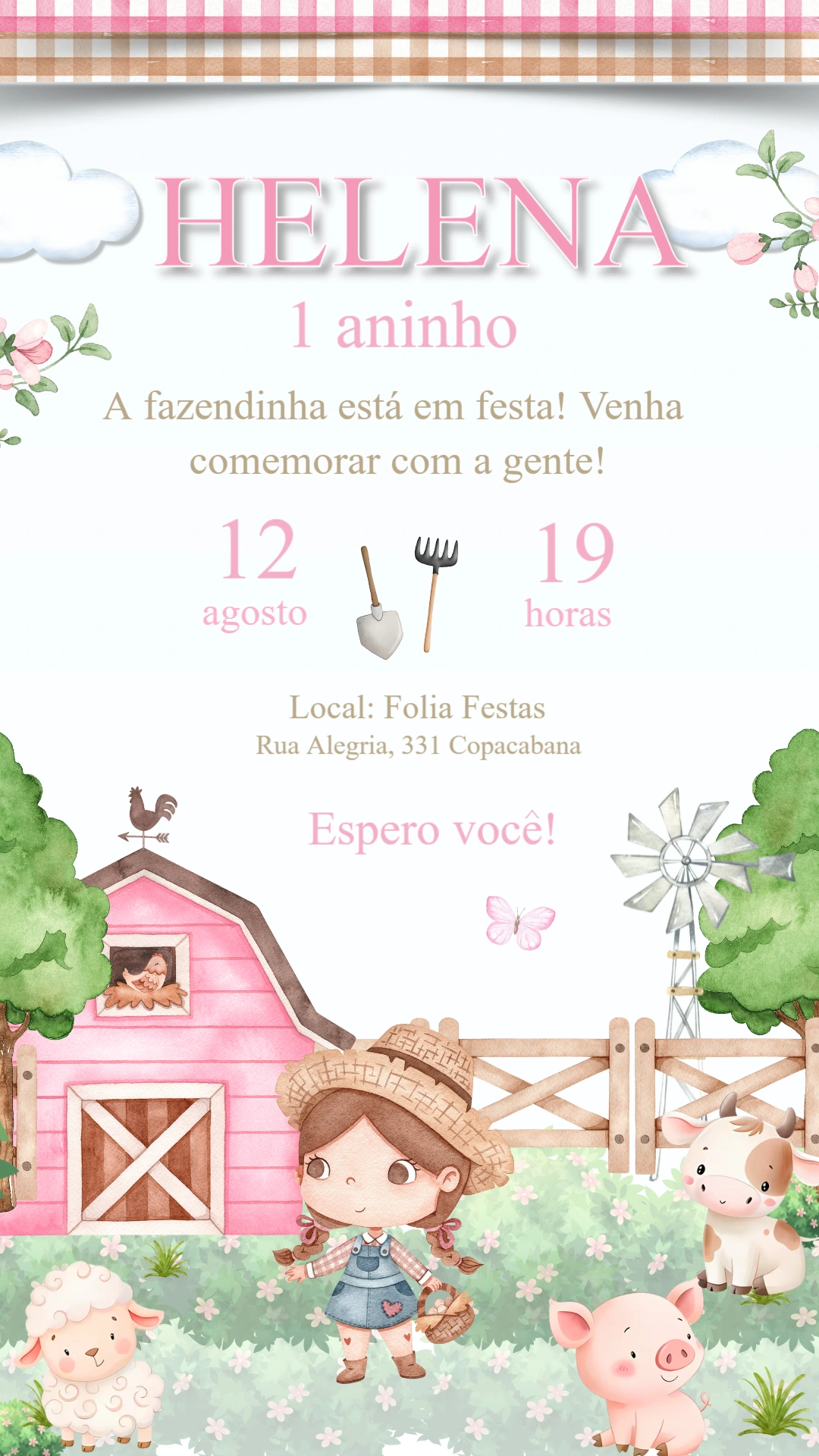 Convite Aniversário Fazendinha Menina para Editar Online
