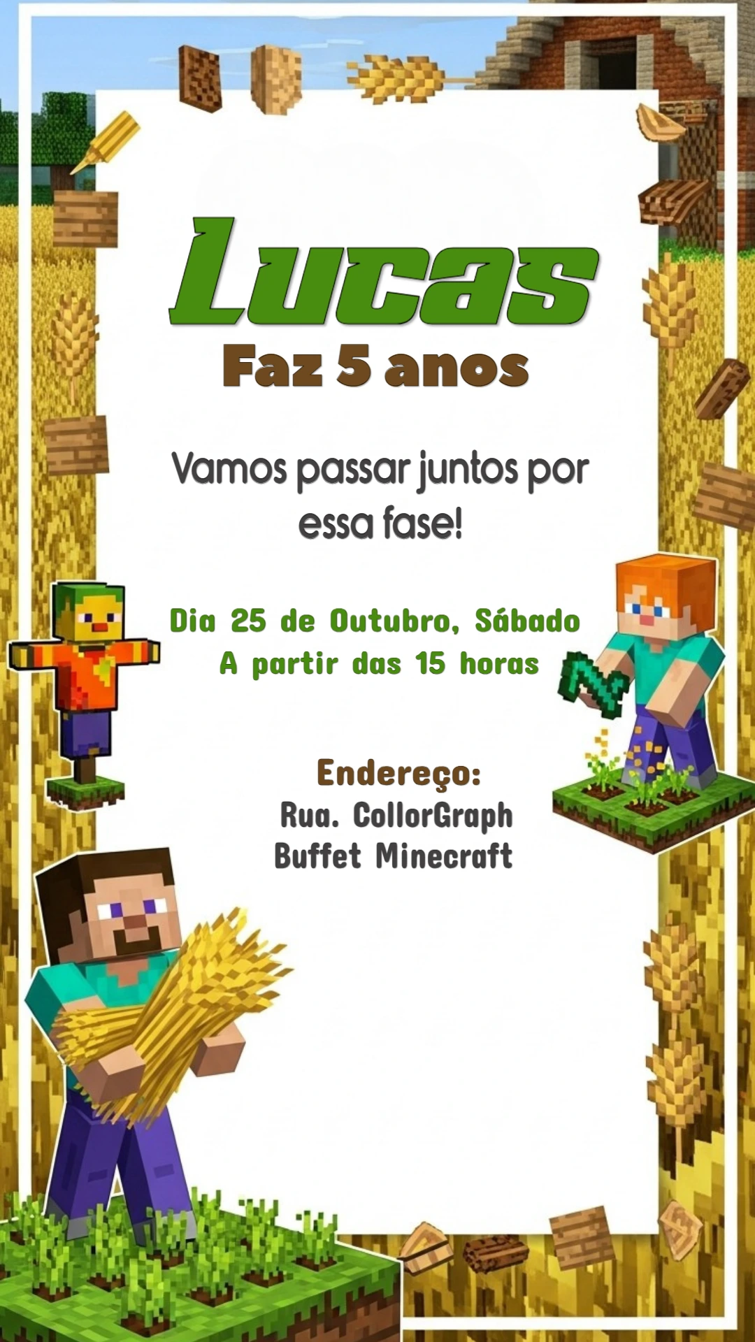 Convite Aniversário Minecraft com Personagens para Editar Online
