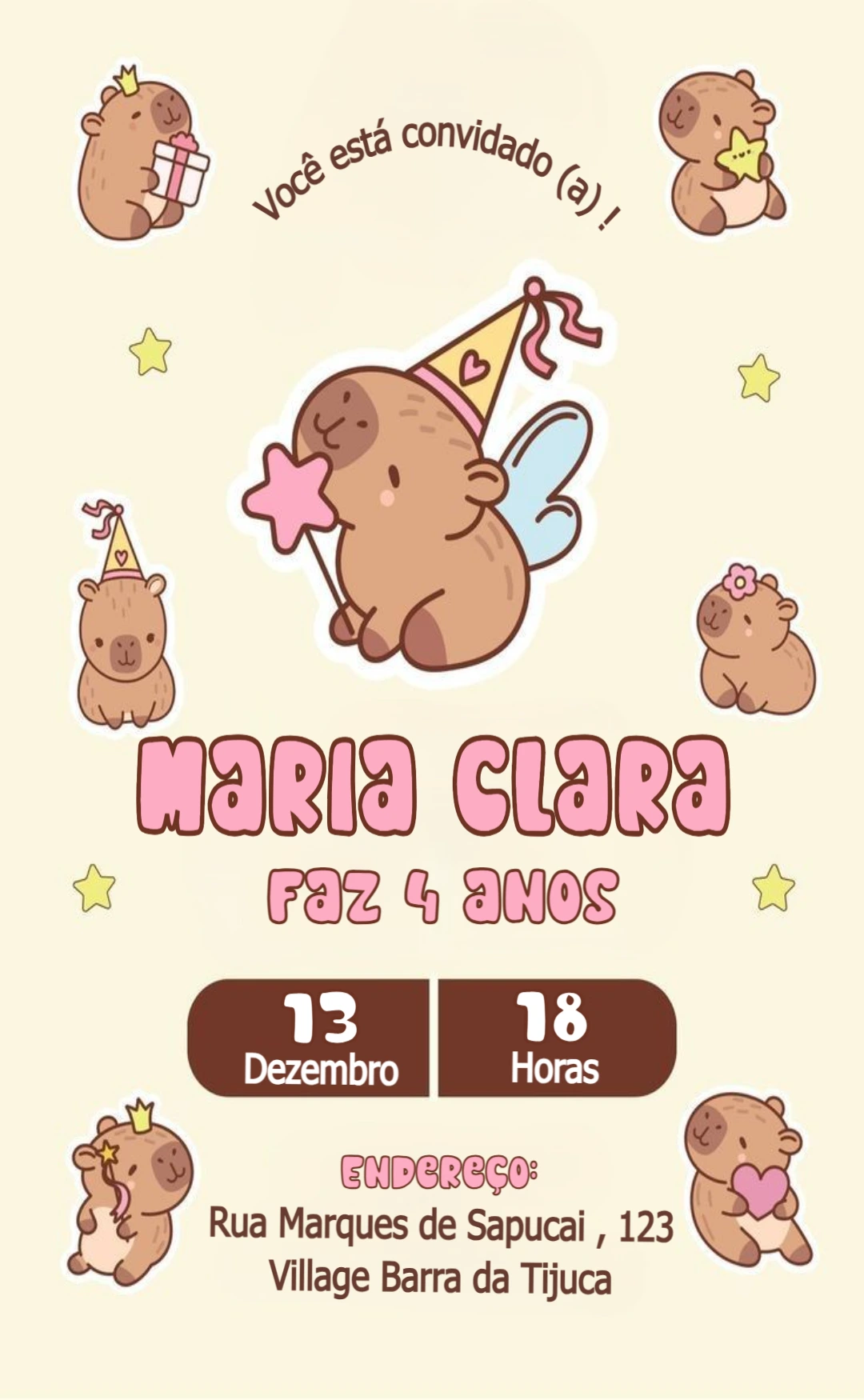 Convite de Aniversário Capivara Fofa para Editar Online