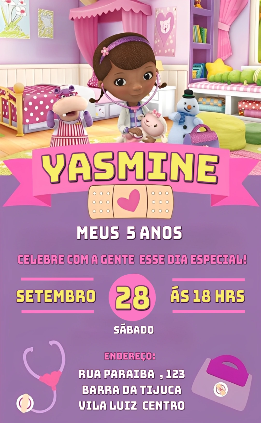 Convite de Aniversário Doutora Brinquedos para Editar Online
