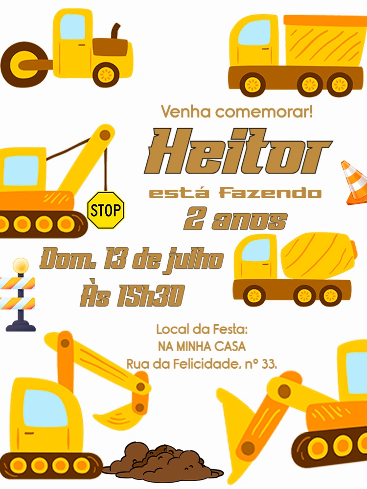Convite Aniversário Construção com Tratores para Editar Online