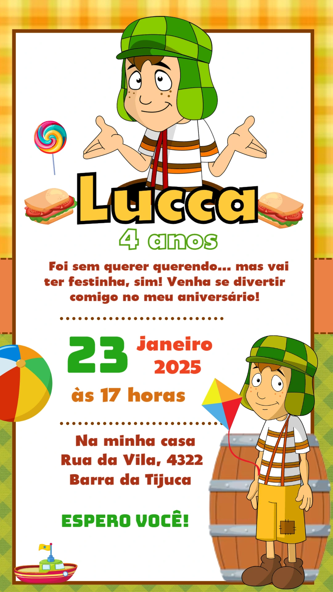 Convite de Aniversário Chaves para Editar Online