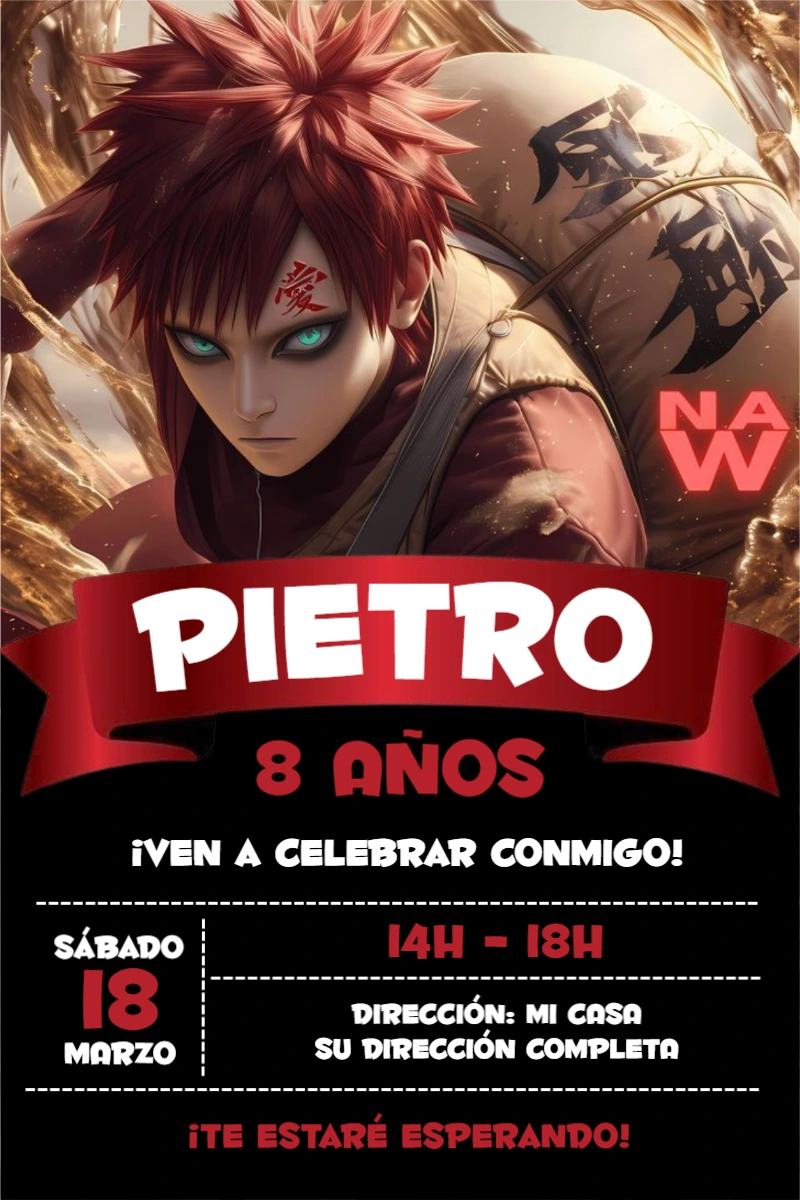 Invitación de Cumpleaños de Gaara Naruto para Editar Online