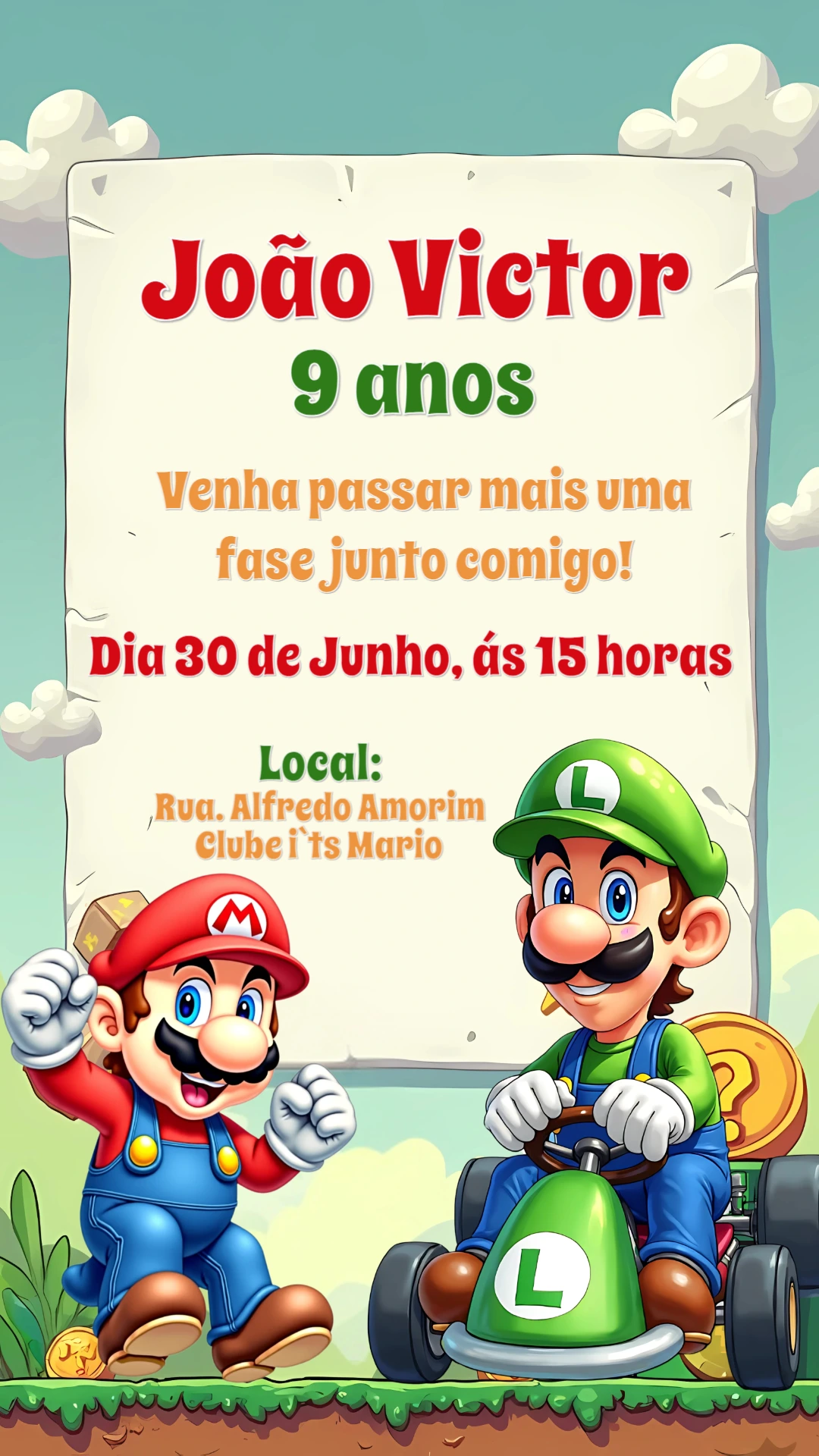 Convite de Aniversário Mario e Luigi para Editar Online