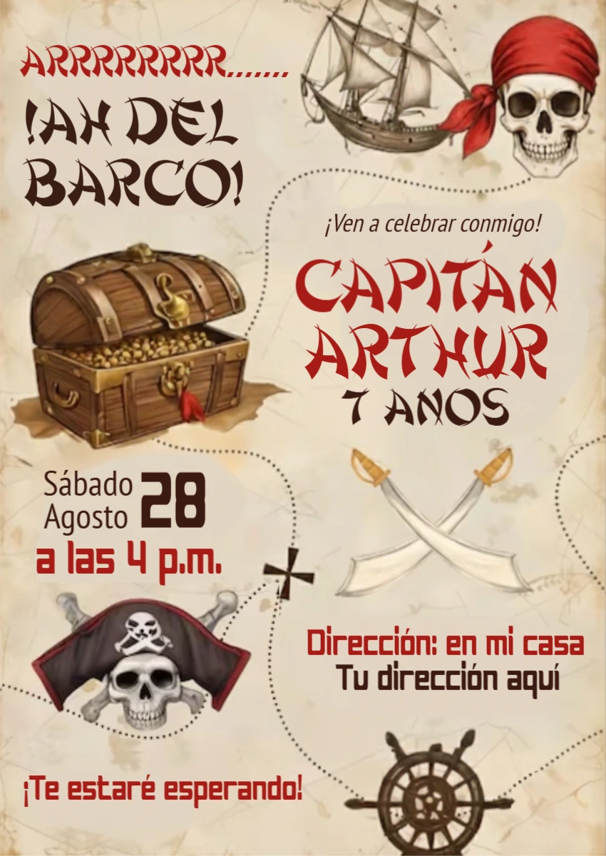 Invitación de Cumpleaños Pirata para Editar Online