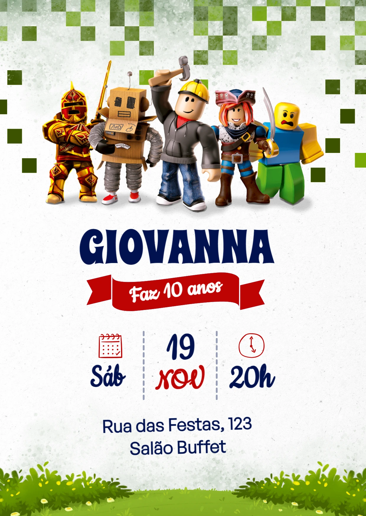 Convite de Aniversário Roblox com Personagens para Editar