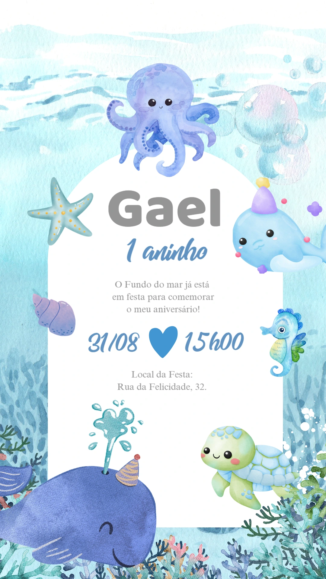 Convite Aniversário Fundo do Mar com Animais para Editar Online