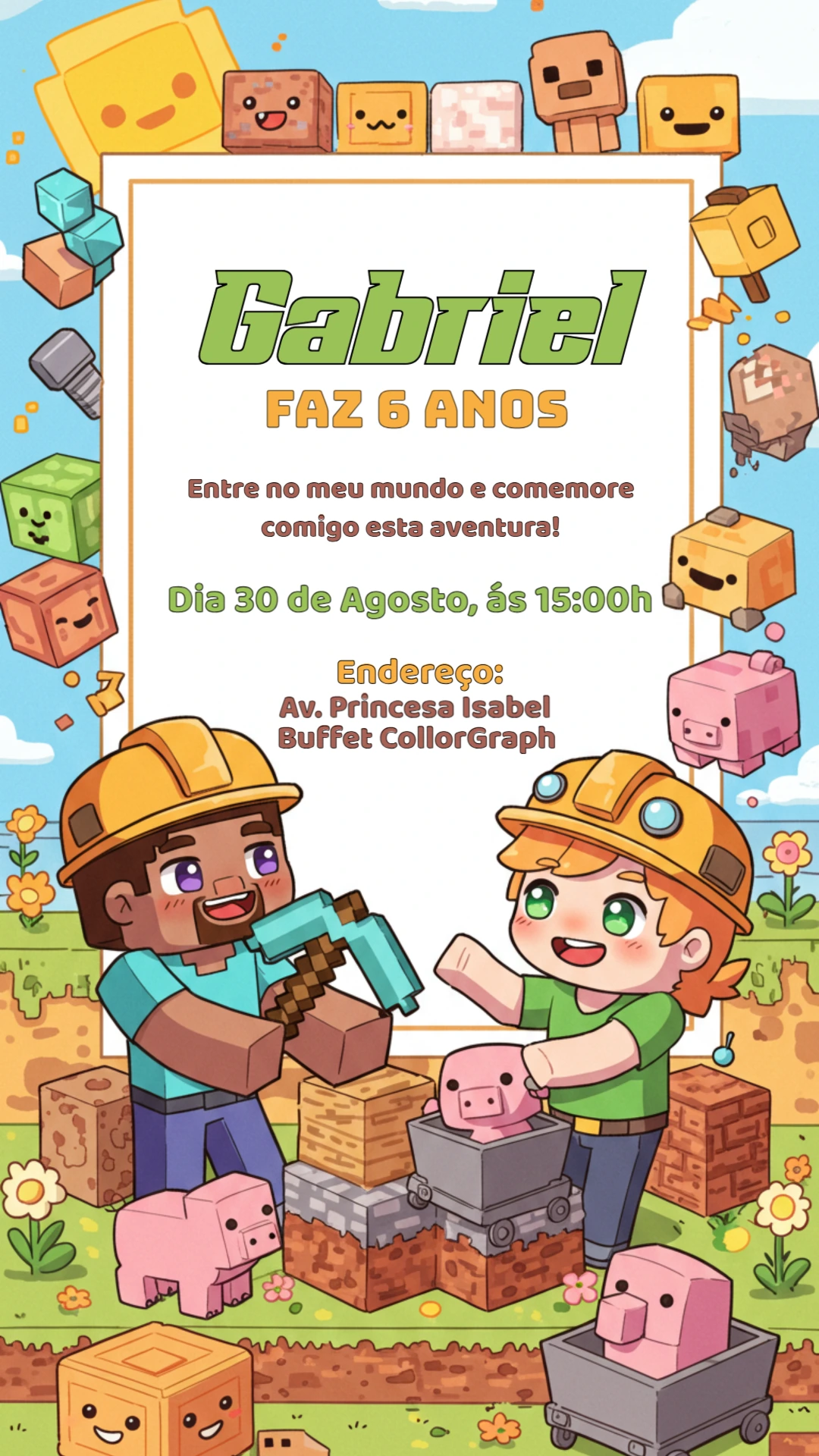 Convite de Aniversário Minecraft Fofo para Editar Online