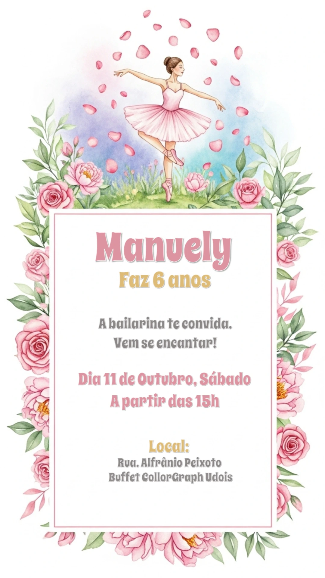 Convite Aniversário Bailarina Delicado para Editar Online