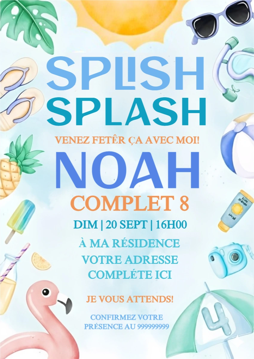 Invitation Anniversaire Piscine Splish Splash à Modifier en Ligne
