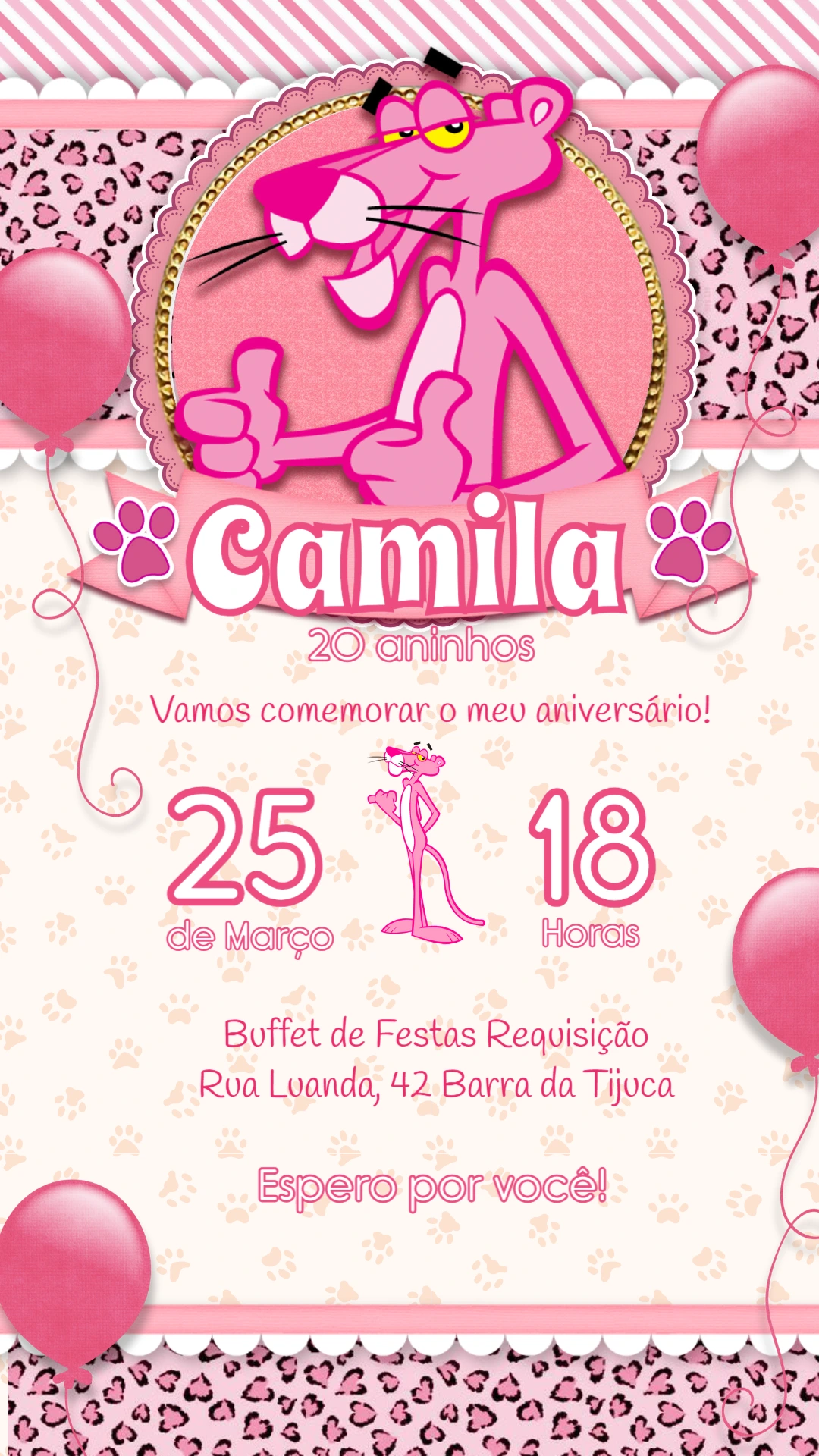 Convite Aniversário Pantera Cor de Rosa para Editar Online