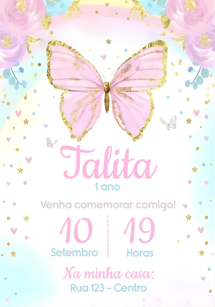Convite Aniversário Jardim Borboletas Douradas para Editar