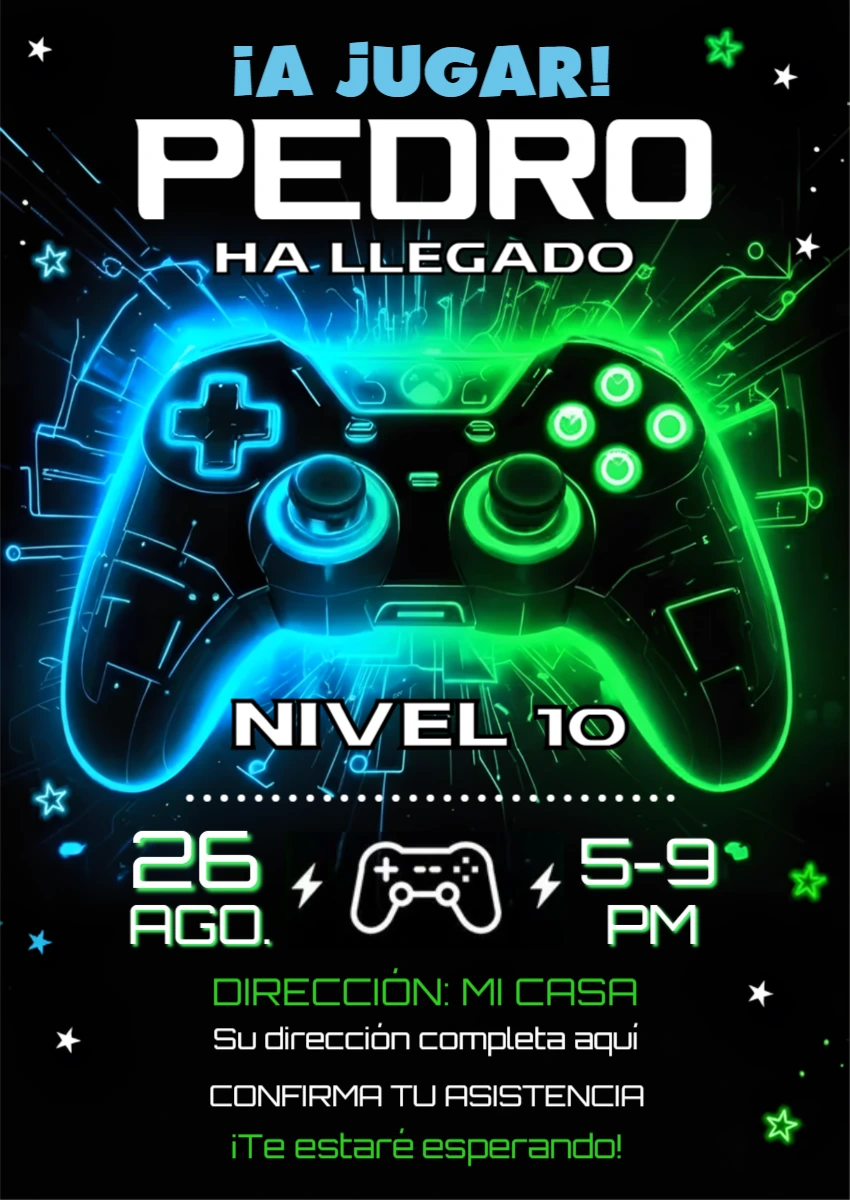 Invitación de Cumpleaños Gamer Neón para Editar y Enviar