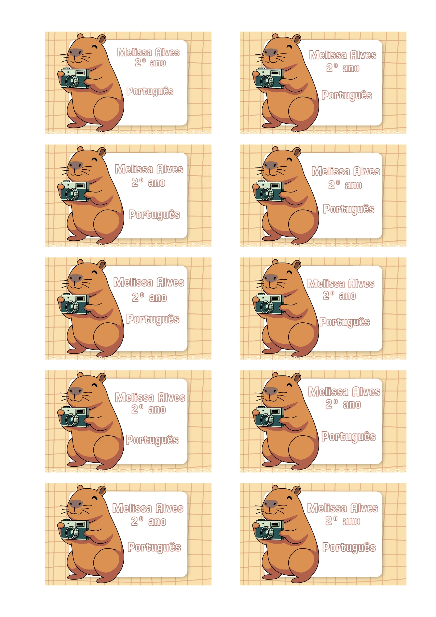 Etiqueta Escolar Capivara Fotógrafa Modelo Editável