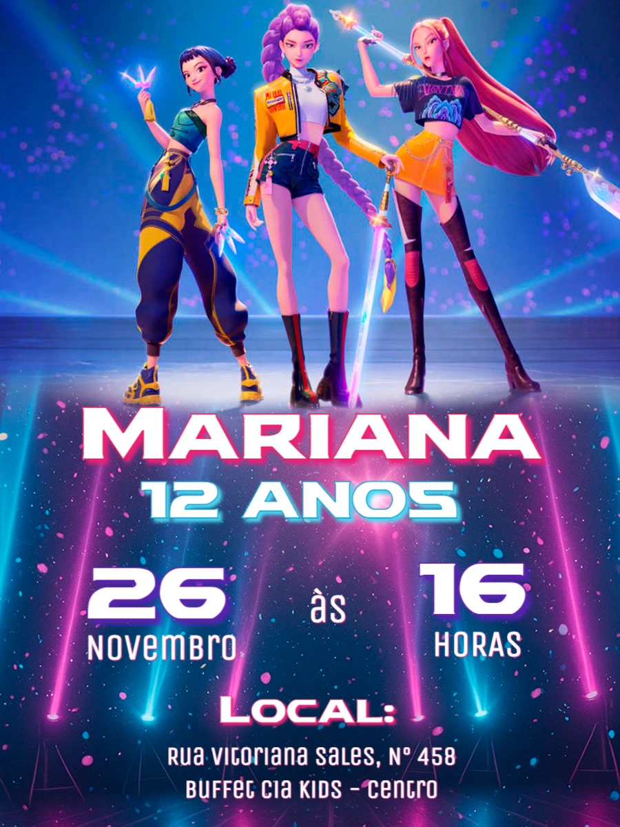 Convite de Aniversário Guerreiras K-pop para Editar Online