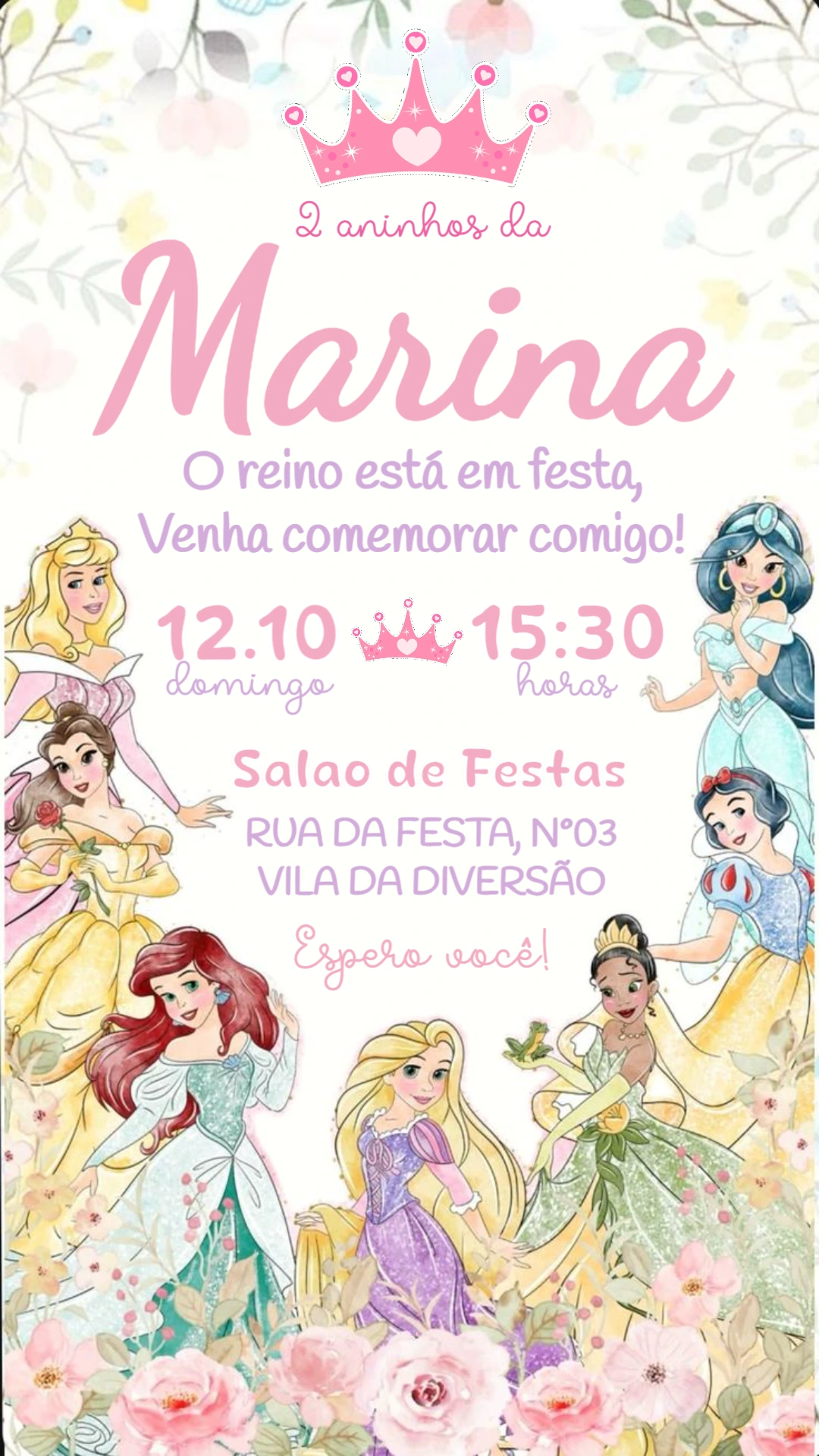 Convite de Aniversário Princesas Disney Floral para Editar