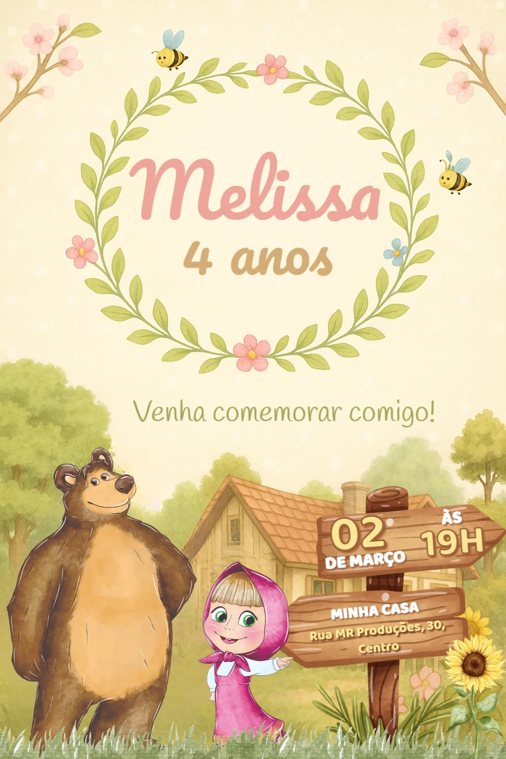 Convite Aniversário Masha e o Urso para Editar Online