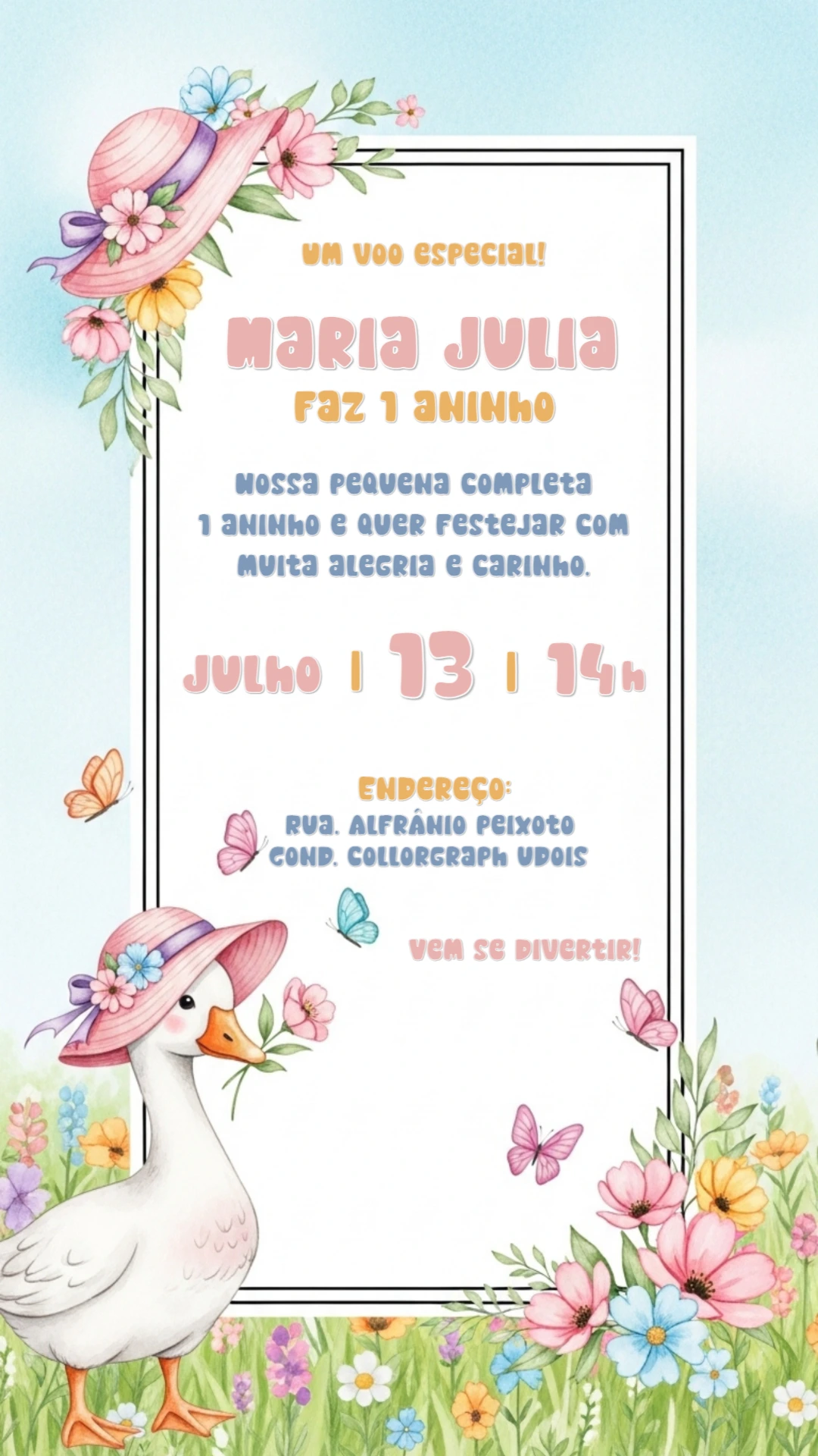 Convite Aniversário Ganso no Jardim para Editar Online