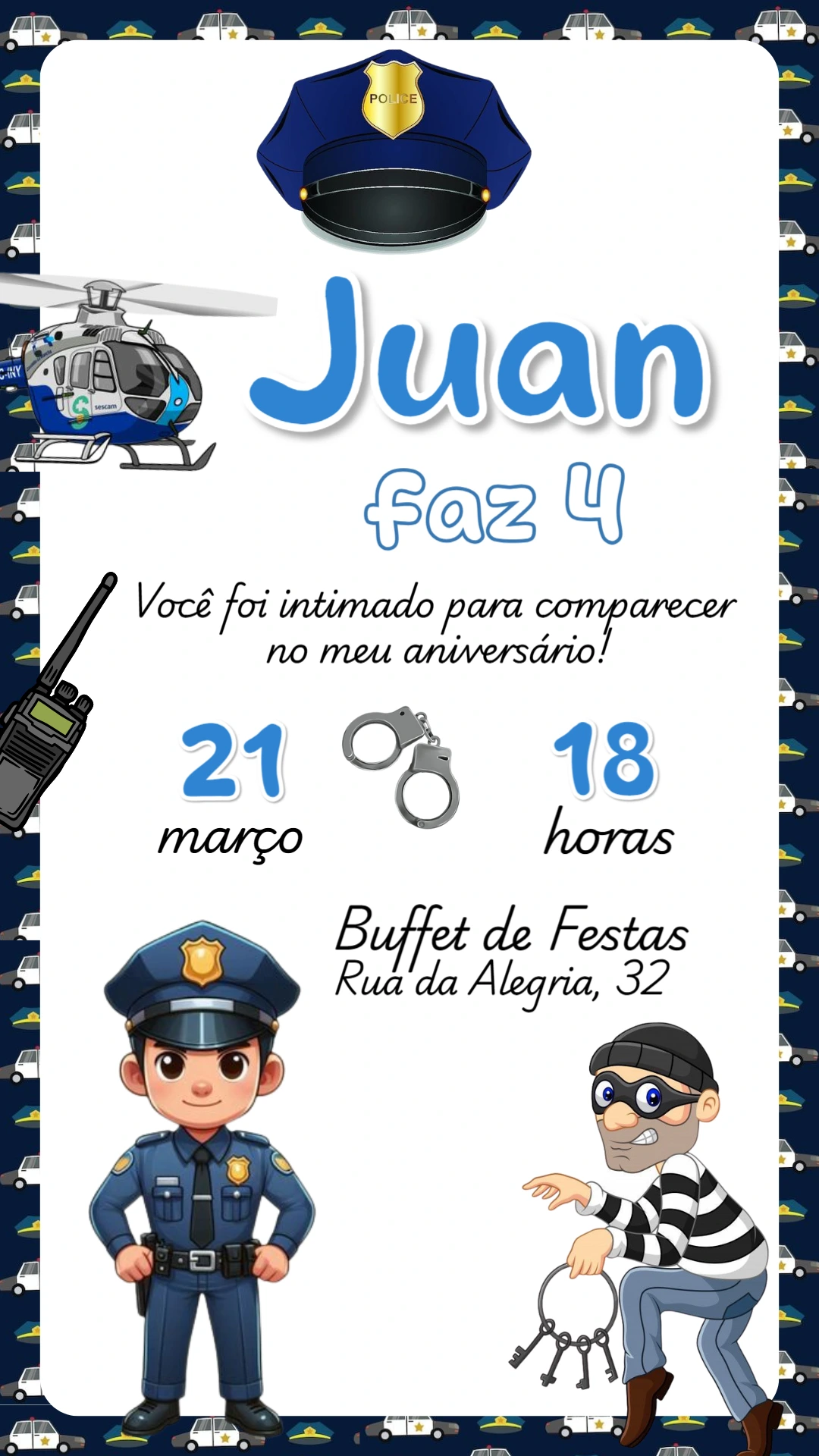 Convite Aniversário Policial com Desenhos para Editar Online