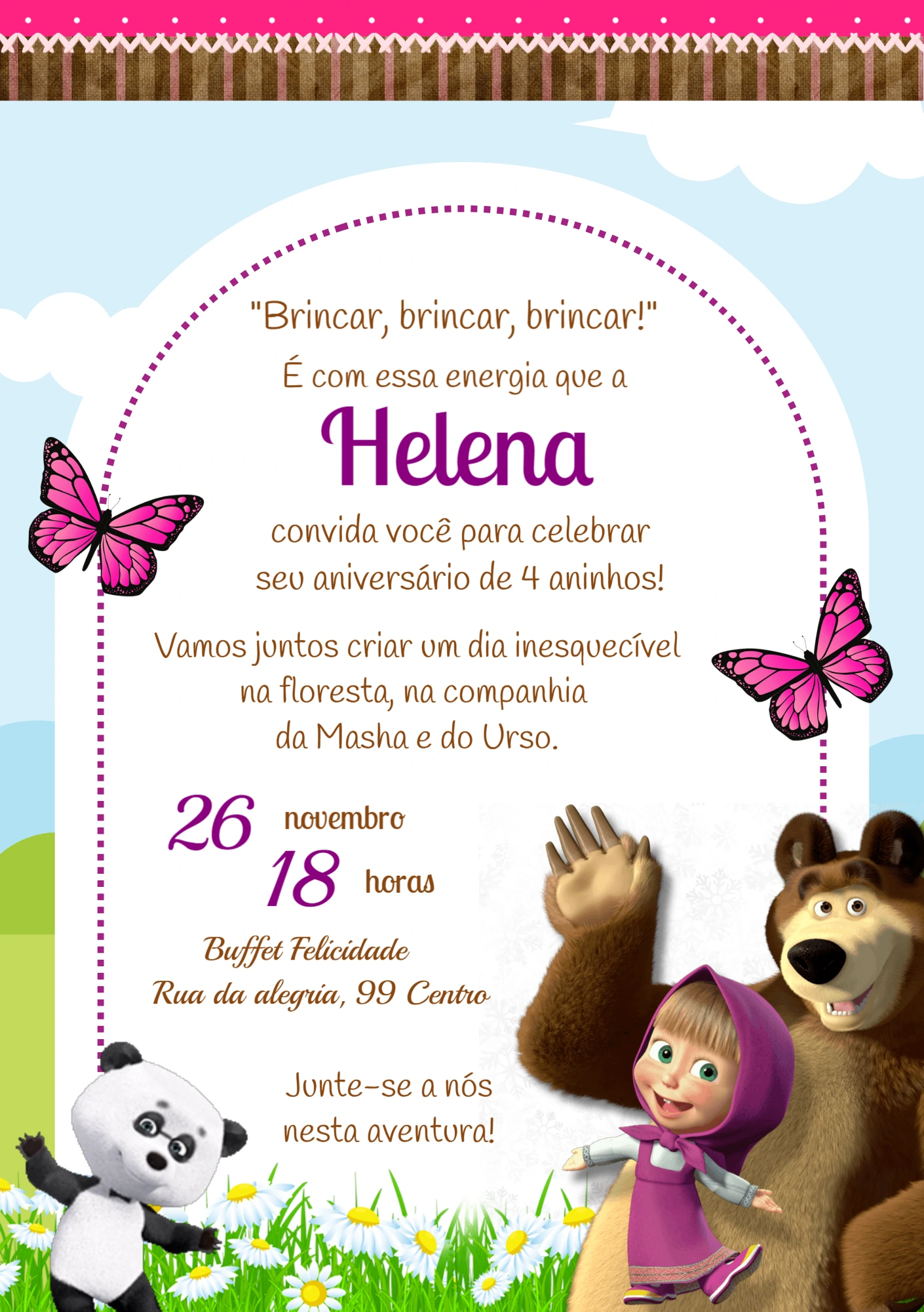 Convite Animado Masha e o Urso para Aniversário Infantil Editável