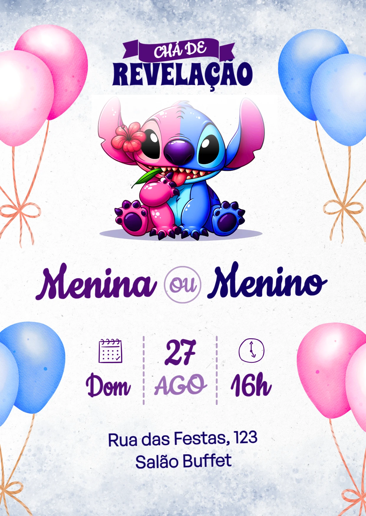 Convite Chá Revelação Stitch e Angel para Editar Online