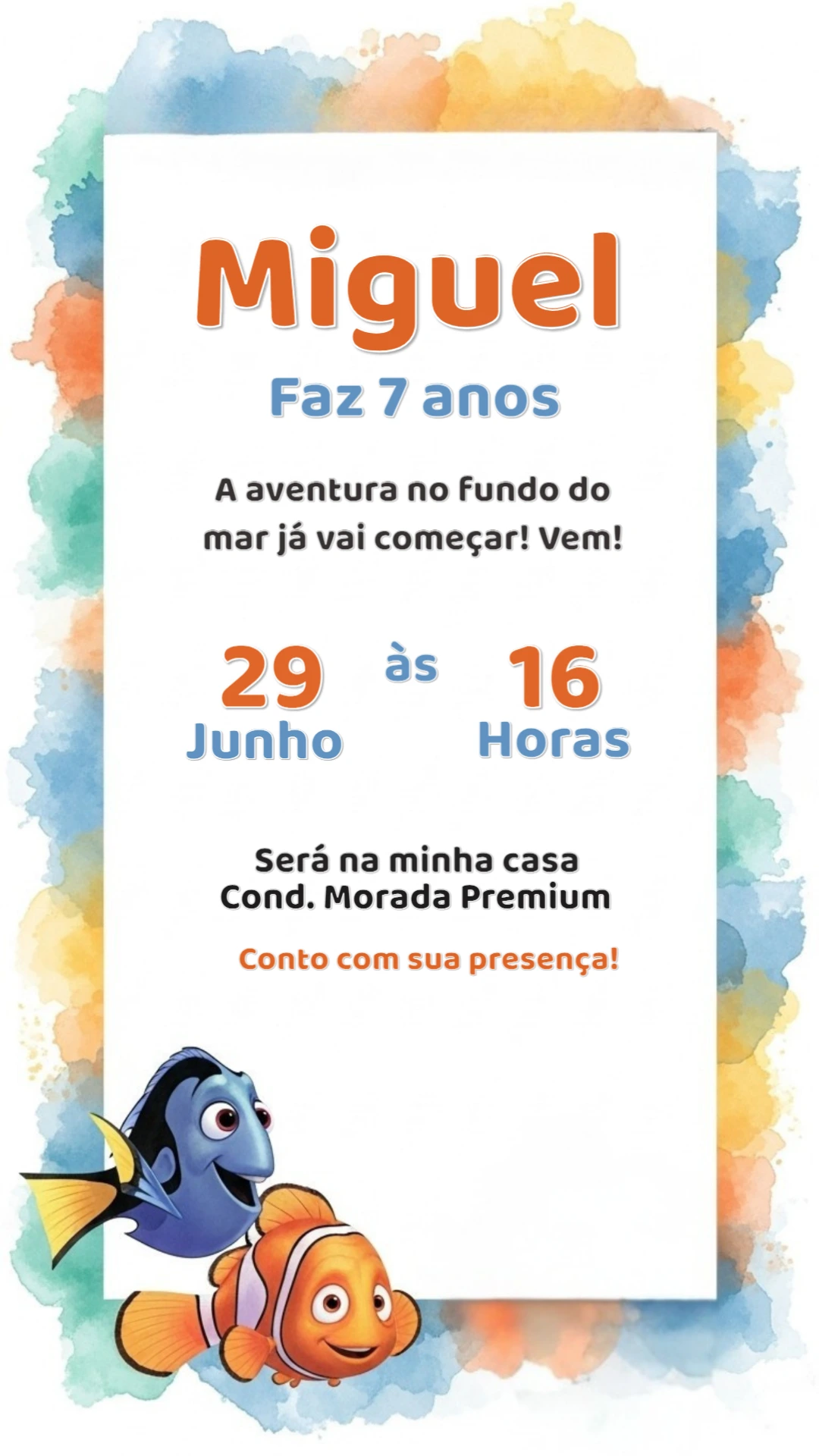 Convite Aniversário Procurando Nemo para Editar Online