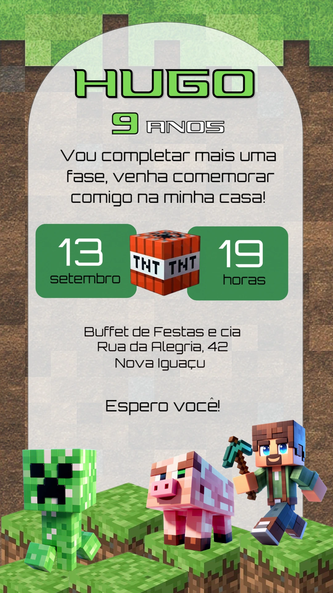 Convite Aniversário Minecraft com Personagens para Editar Online