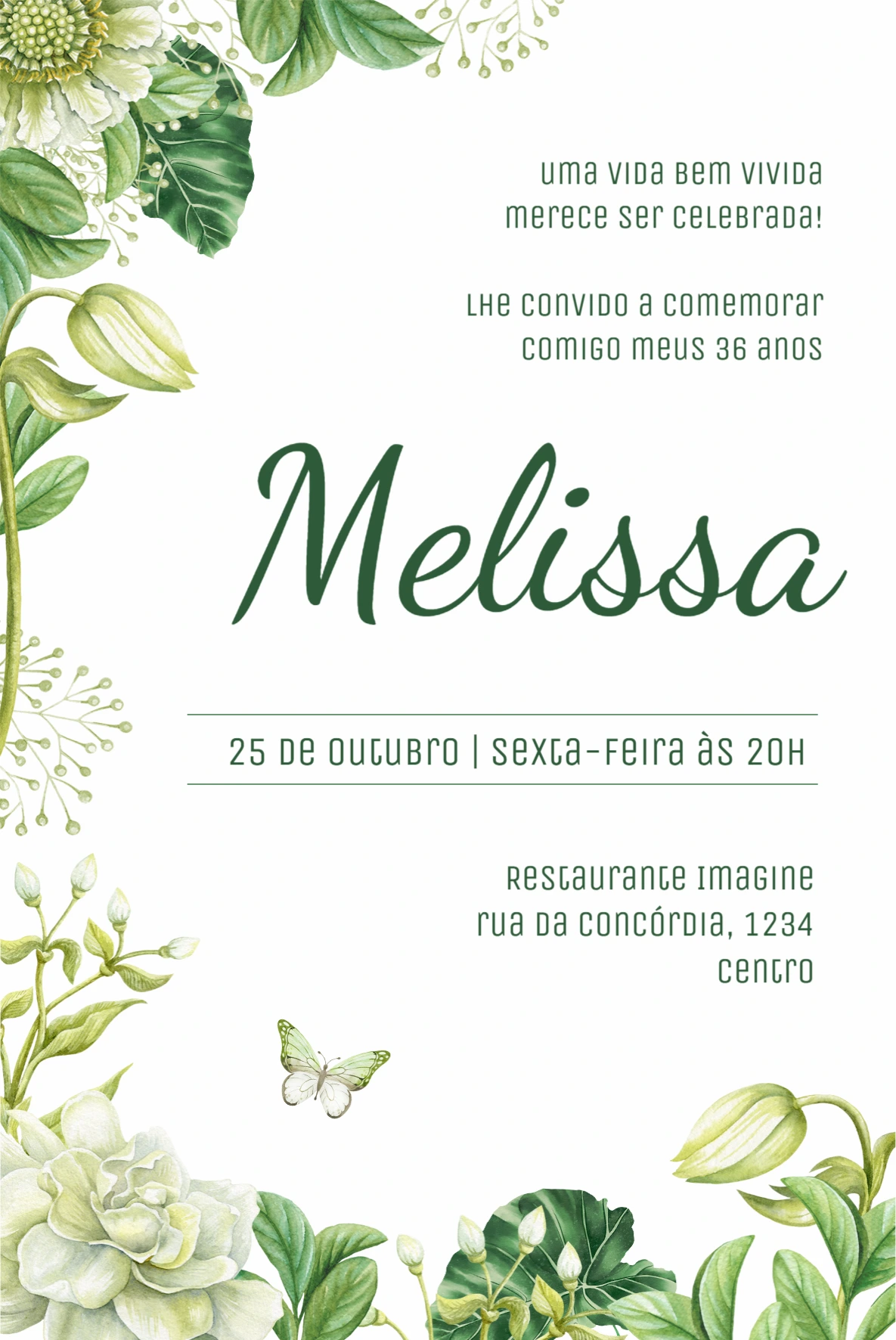 Convite de Aniversário Adulto Floral Verde Editável