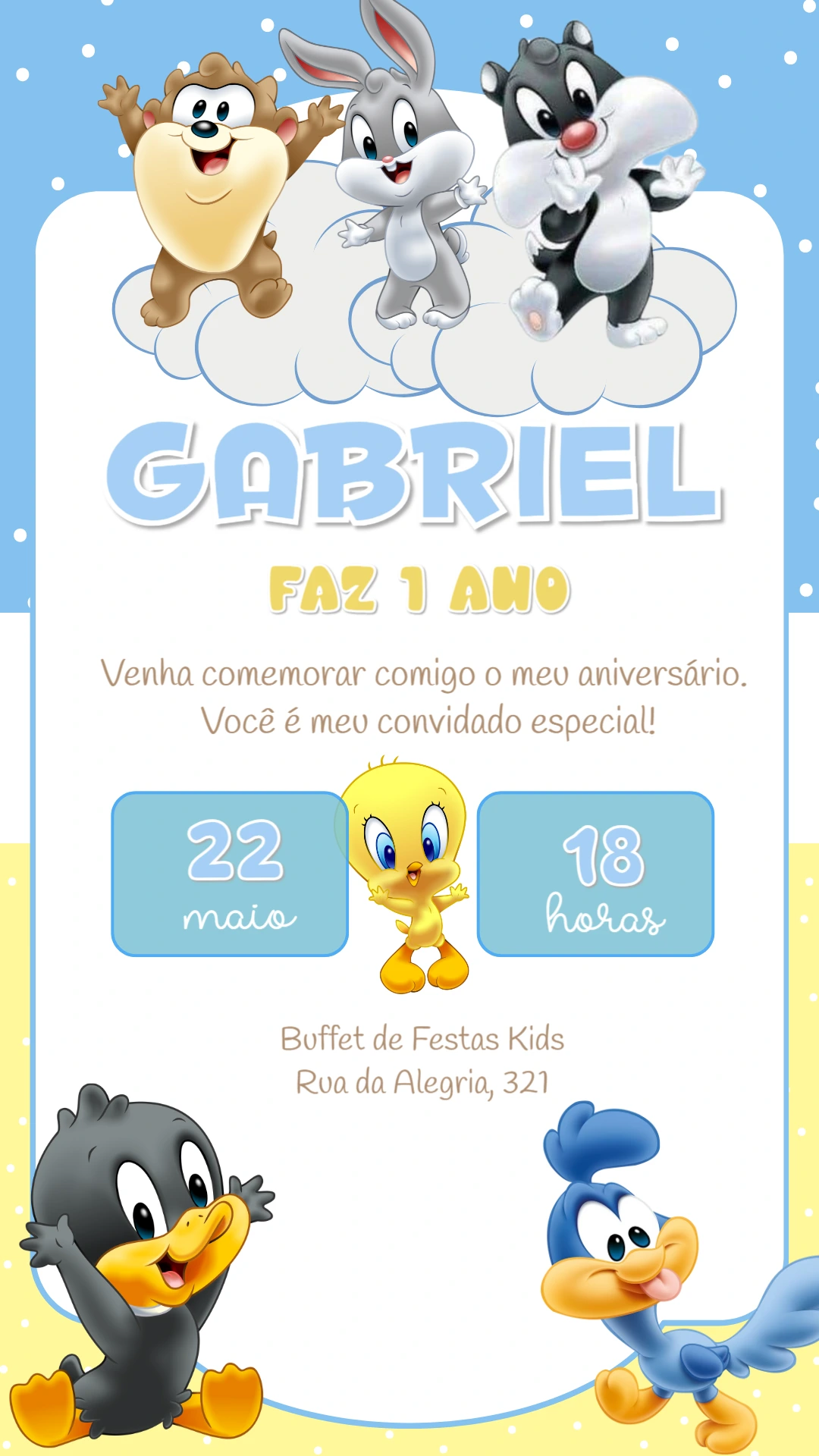 Convite Aniversário Baby Looney Tunes para Editar Online