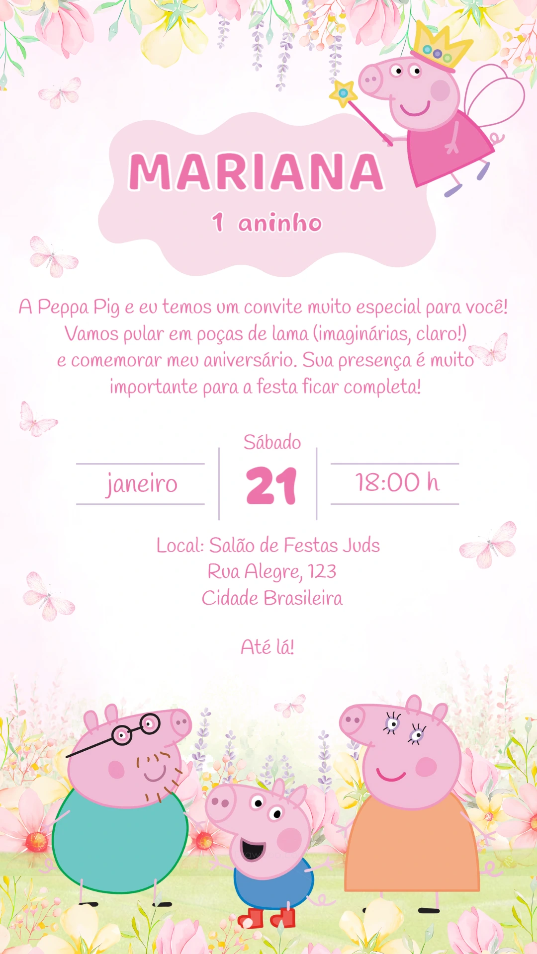 Convite de Aniversário Peppa Pig Fada Rosa Delicado para Editar