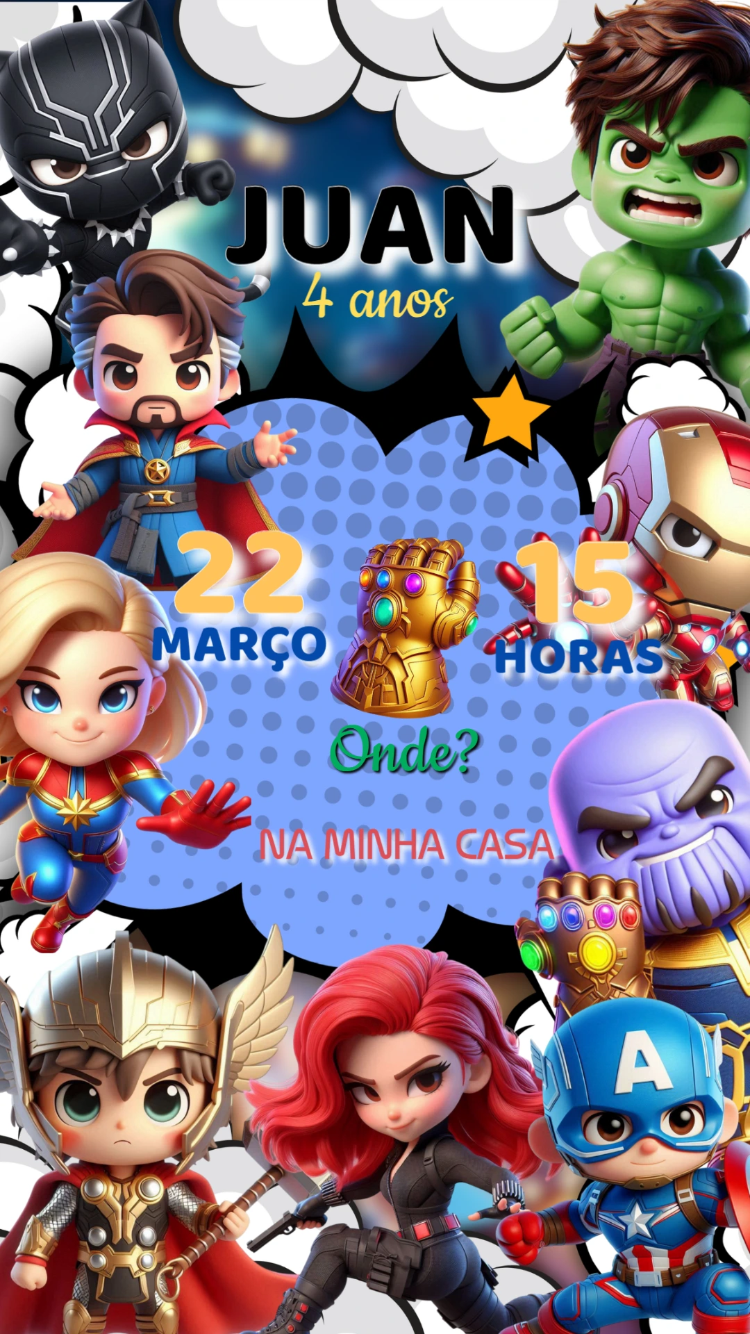 Convite Aniversário Super Heróis Chibi para Editar Online