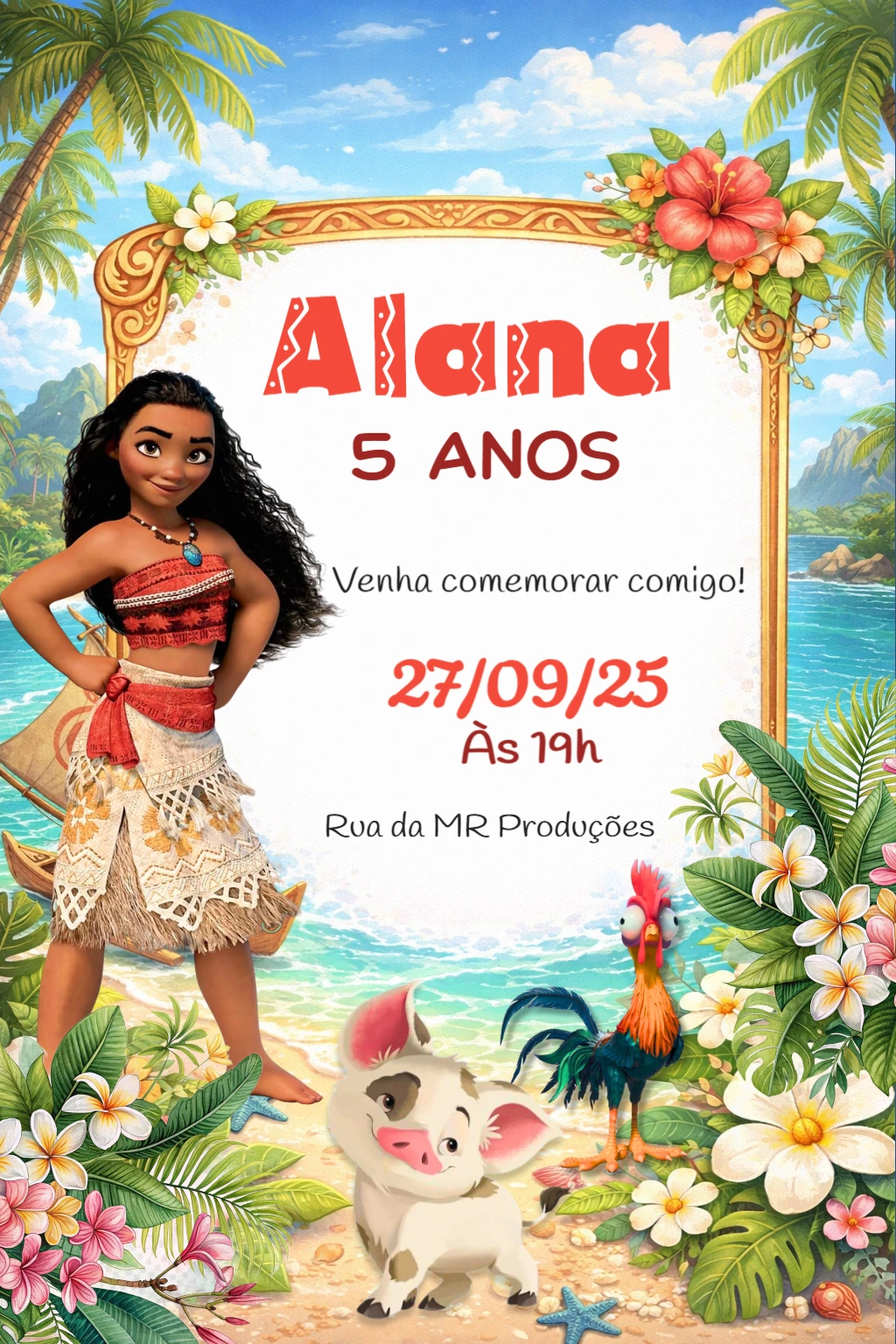 Convite de Aniversário Moana Tropical para Editar